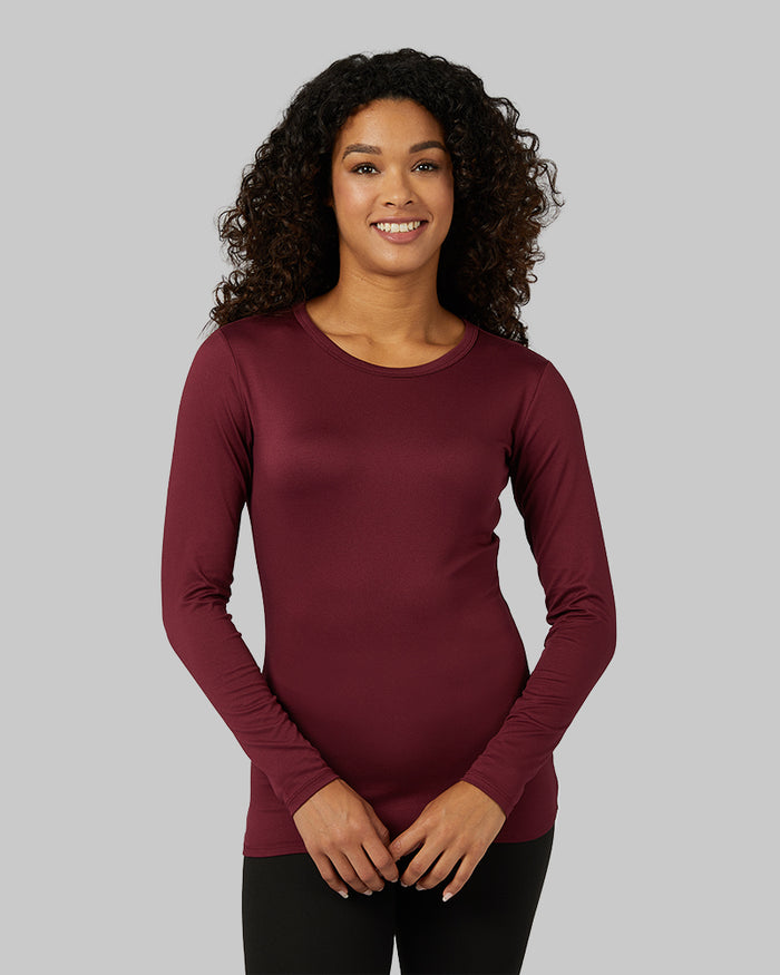 32 Degrees Maroonish _ Women's Lightweight Baselayer Crew Top {model: Alexis is 5'6" and size 4-6, wearing size S}{bottom}{right}{bottom}{right}