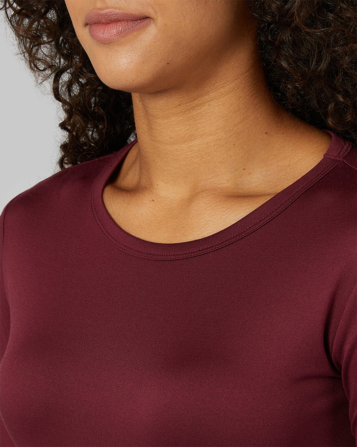 32 Degrees Maroonish _ Women's Lightweight Baselayer Crew Top {model: Alexis is 5'6" and size 4-6, wearing size S}{bottom}{right}{bottom}{right}