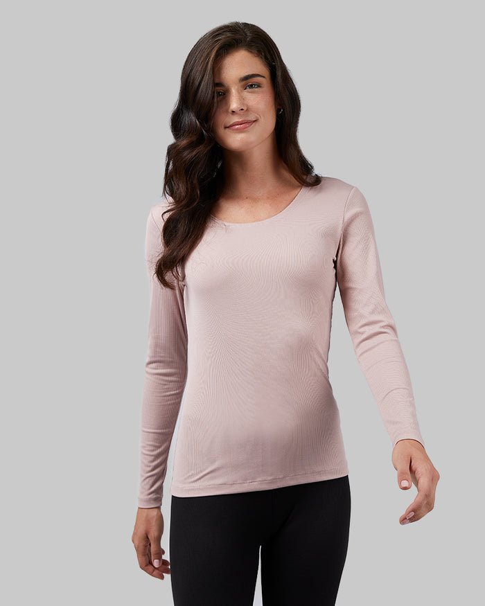 32 Degrees Crepe Pink _ Women's Midweight Rib Baselayer Scoop Top {model: Katie is 5'10" and size 4, wearing size S}{bottom}{right}{bottom}{right}