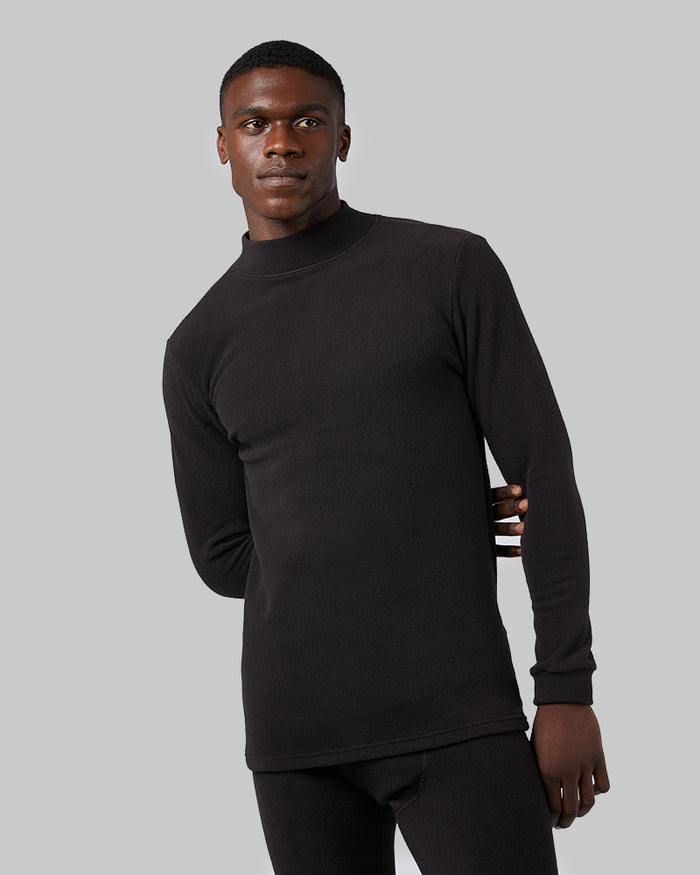 32 Degrees Black _ Men's Heavyweight Fleece Baselayer Mock Top {model: Darius is 6'1", wearing size M}{bottom}{right}{bottom}{right}