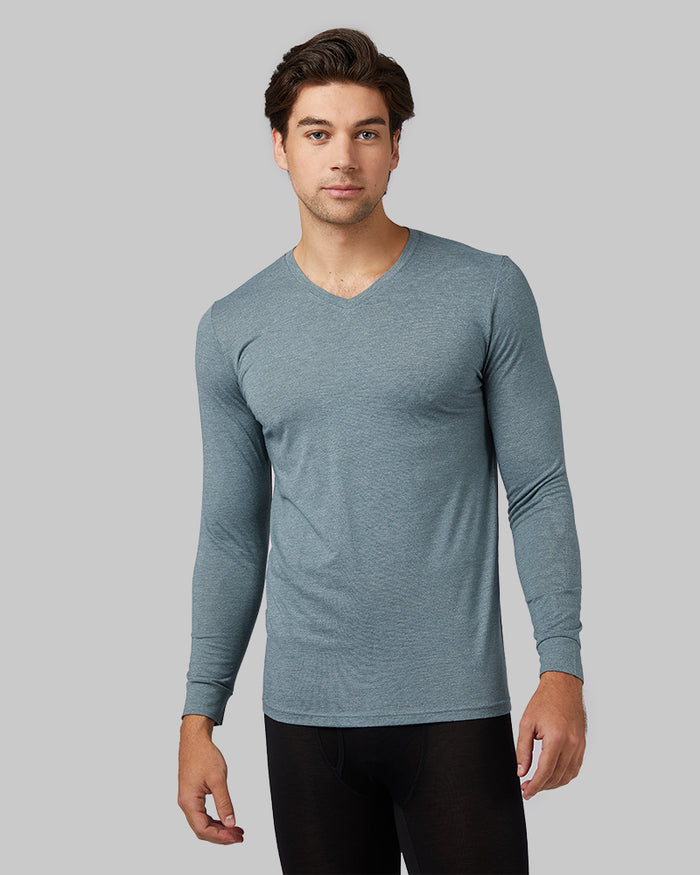 32 Degrees Storm Teal Heather _ Men's Lightweight Baselayer Vneck Top {model: Zac is 6'3", wearing size M}{bottom}{right}{bottom}{right}