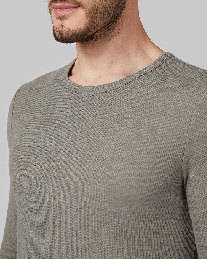 32 Degrees Forest Night Heather _ Men's Midweight Waffle Baselayer Crew Top {model: Ryan is 6'1", wearing size M}{bottom}{right}{bottom}{right}