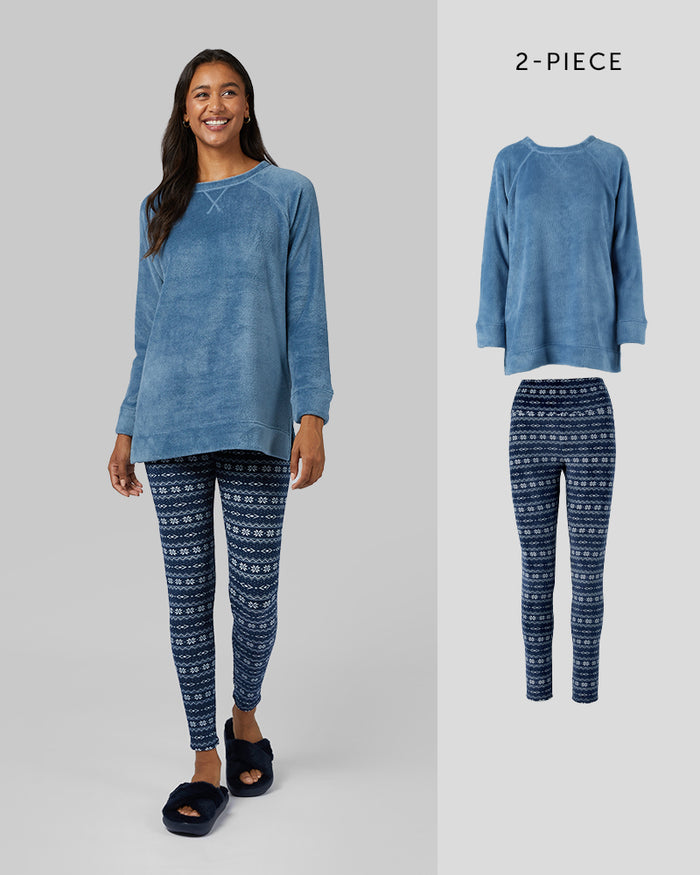32 Degrees Dress Blue Fairisle _ Women's 2Pc Plush Sleep Set {model: Jess is 5'10", wearing size 4}{bottom}{right} {bottom}{right}