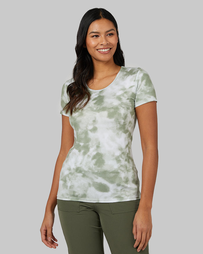 32 Degrees Oil Green Tie Dye _ Womens Cool Printed Fitted T-Shirt {model: Victoria is 5'10" and size 4-6, wearing size S}{bottom}{right} {bottom}{right}