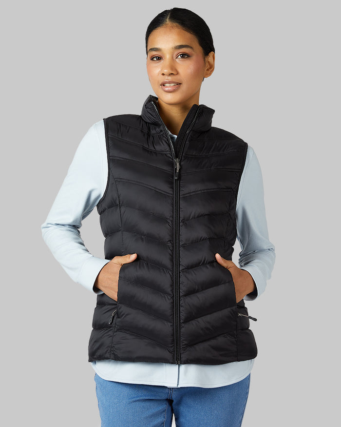 32 Degrees Black _ Women's Lightweight Packable Vest {model: Lisa-Marie is 5'9"and size 2-4 wearing size S}{bottom}{right} {bottom}{right}