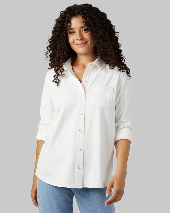 32 Degrees Off White _ Women's soft stretch Knit Long sleeve Button-Up {model: Gabrielle is 5'8"and size 4 wearing size S}{bottom}{right} {bottom}{right}