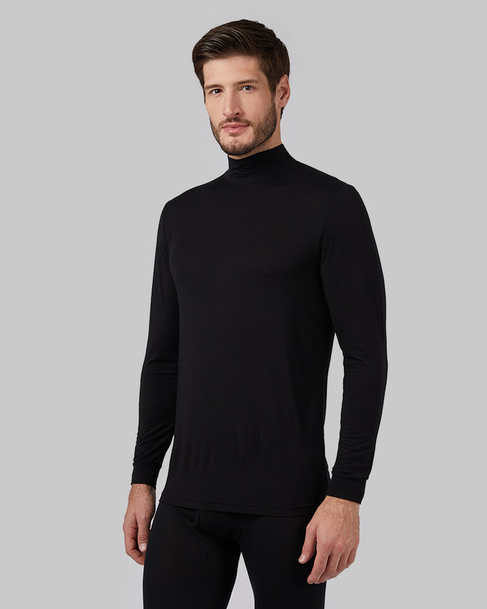 32 Degrees Black _ Men's Lightweight Baselayer Mock Top {model: Ryan is 6'2", wearing size M}{bottom}{right} {bottom}{right}