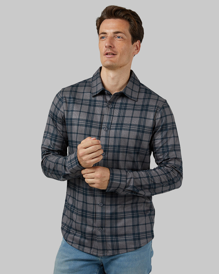 32 Degrees Charcoal Plaid _ Men's soft stretch Knit Long sleeve Button-Up {model: Leo is 6'1", wearing size M}{bottom}{right} {bottom}{right}