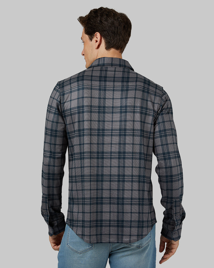 32 Degrees Charcoal Plaid _ Men's soft stretch Knit Long sleeve Button-Up {model: Leo is 6'1", wearing size M}{bottom}{right} {bottom}{right}