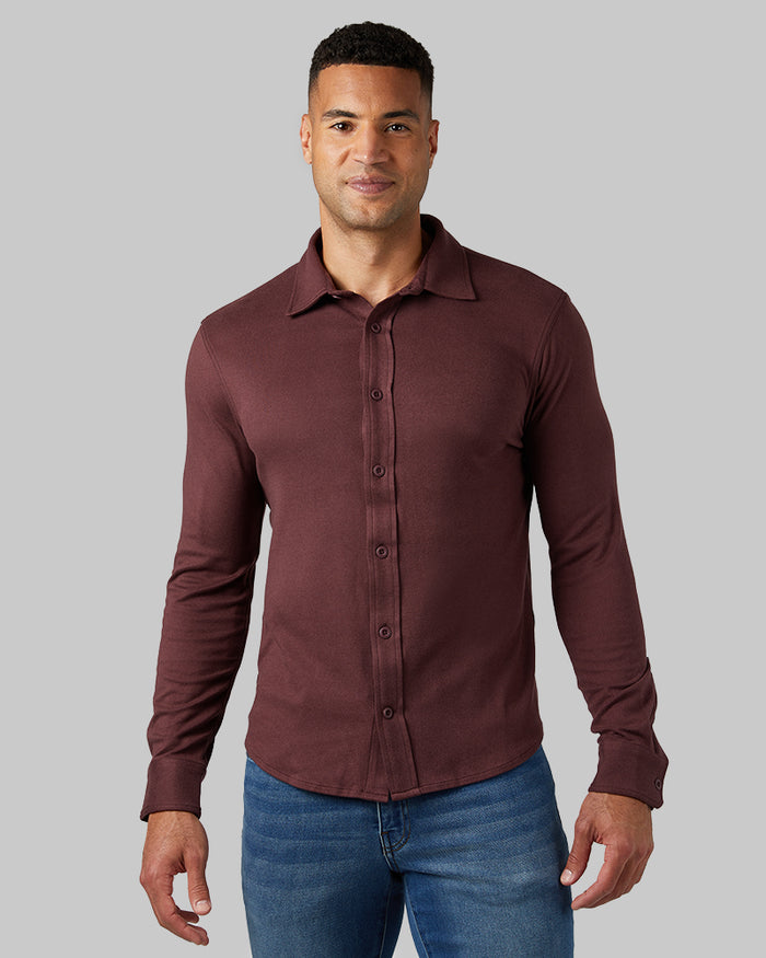 32 Degrees Fudge Heather _ Men's soft stretch Knit Long sleeve Button-Up {model: Devin is 6'2", wearing size M}{bottom}{right} {bottom}{right}