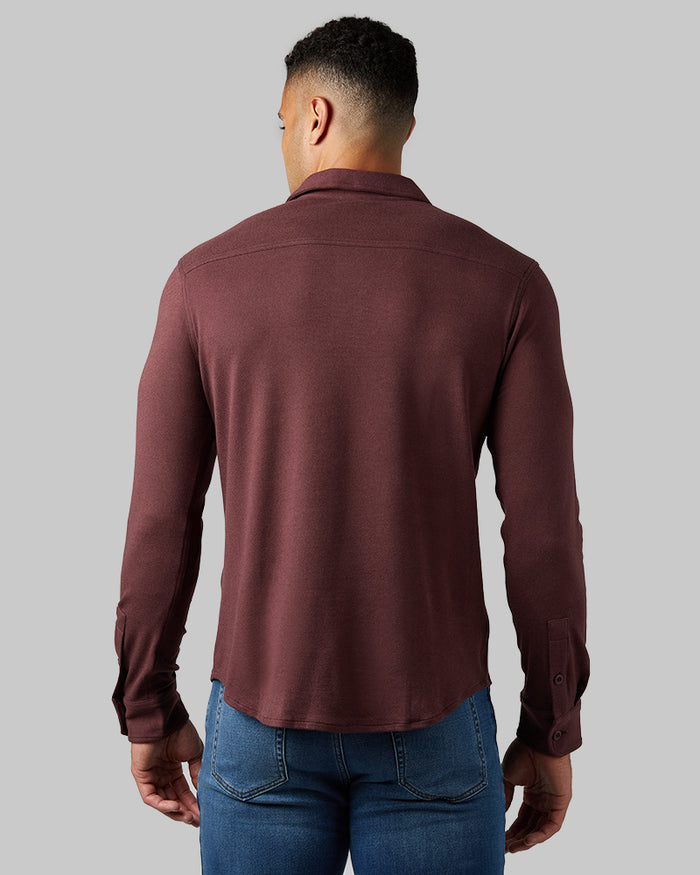 32 Degrees Fudge Heather _ Men's soft stretch Knit Long sleeve Button-Up {model: Devin is 6'2", wearing size M}{bottom}{right} {bottom}{right}