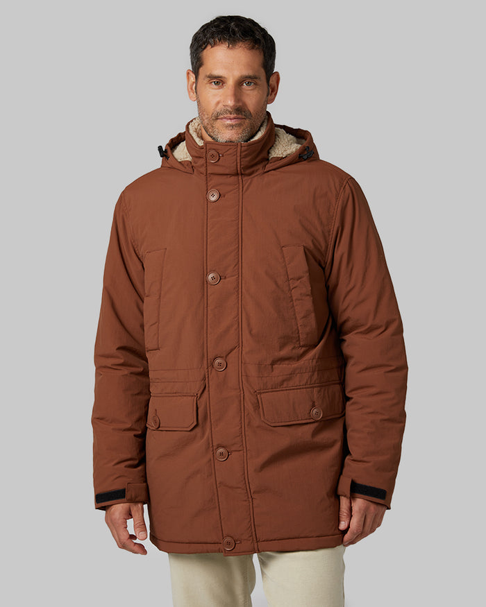 32 Degrees Brownberry _ Men's Commuter Tech sherpa-Lined Parka {model: Eduardo is 6'1", wearing size M}{bottom}{right} {bottom}{right}
