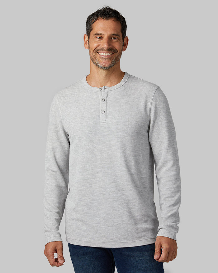 32 Degrees Grey Heather _ Men's Everyday Comfort Long sleeve Henley T-shirt {model: Eduardo is 6'1", wearing size M}{bottom}{right} {bottom}{right}