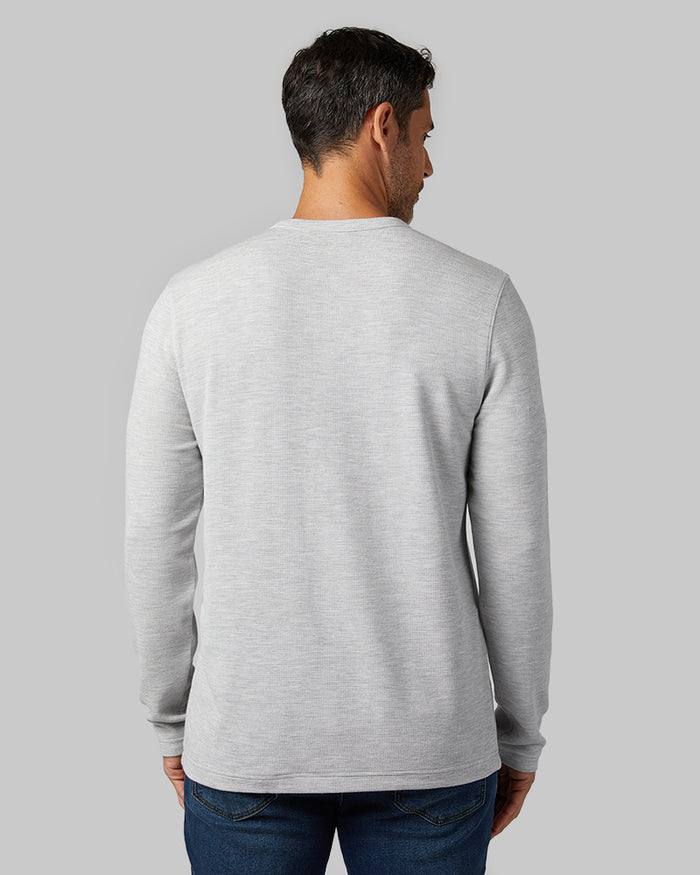 32 Degrees Grey Heather _ Men's Everyday Comfort Long sleeve Henley T-shirt {model: Eduardo is 6'1", wearing size M}{bottom}{right} {bottom}{right}
