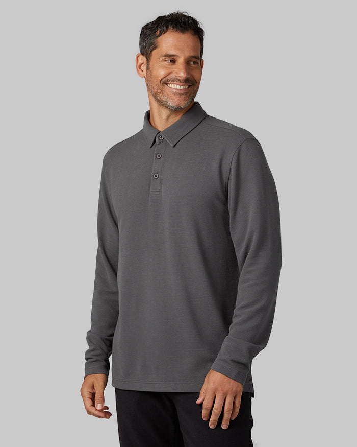 32 Degrees Charcoal _ Men's Everyday Comfort Long sleeve Polo {model: Eduardo is 6'1", wearing size M}{bottom}{right} {bottom}{right}
