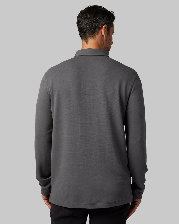 32 Degrees Charcoal _ Men's Everyday Comfort Long sleeve Polo {model: Eduardo is 6'1", wearing size M}{bottom}{right} {bottom}{right}