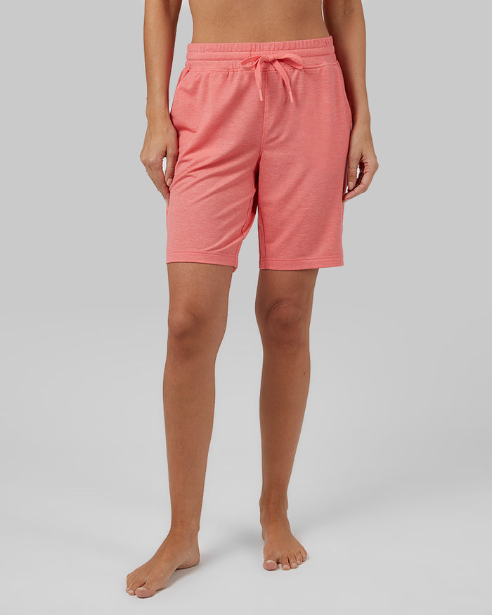 32 Degrees Sugar Coral Heather _ Women's soft Knit Bermuda short {model: Scarlett is 5'10"and size 4 wearing size S}{bottom}{right} {bottom}{right}