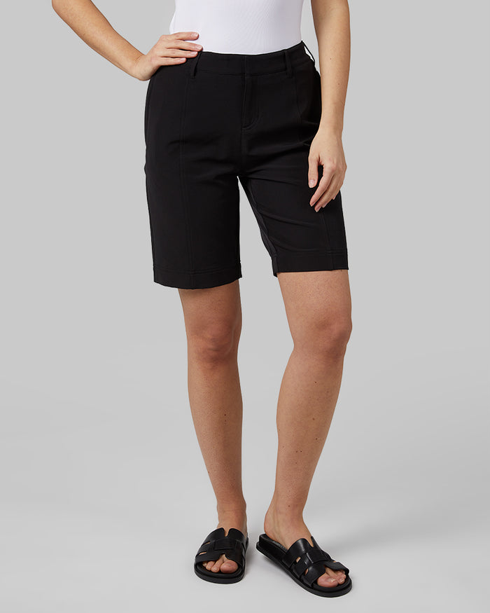 32 Degrees Black _ Women's stretch Woven Bermuda short {model: Monica is 5'8"and size S wearing size 4}{bottom}{right} {bottom}{right}