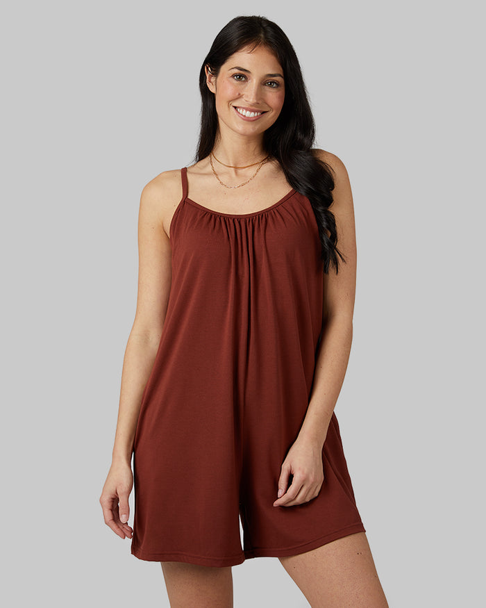 32 Degrees Cherry Mahogany _ Women's Lightweight Knit Bra Romper {model: Monica is 5'8" and size 4, wearing size S}{bottom}{right} {bottom}{right}