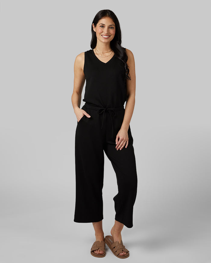32 Degrees Black _ Women's studio Tech Jumpsuit {model: Monica is 5'8"and size 4 wearing size S}{bottom}{right} {bottom}{right}
