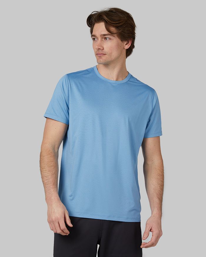 32 Degrees Sky Blue _ Men's Active Performance T-shirt {model: Michael is 6'0", wearing size M}{bottom}{right} {bottom}{right}