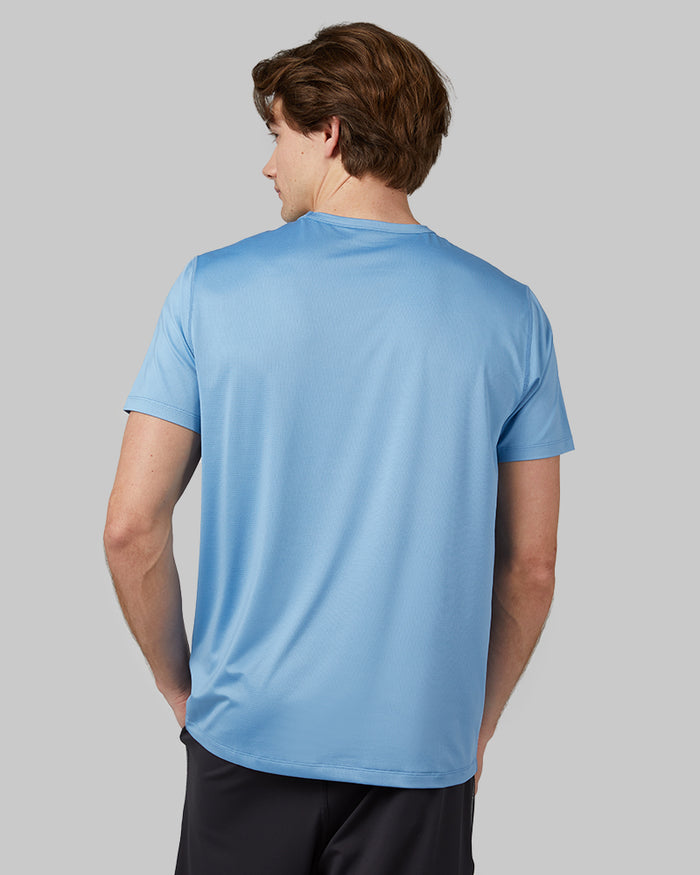 32 Degrees Sky Blue _ Men's Active Performance T-shirt {model: Michael is 6'0", wearing size M}{bottom}{right} {bottom}{right}