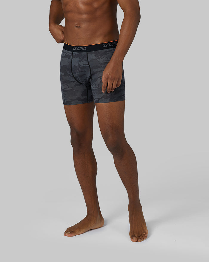 32 Degrees Black Camo _ Men's Cool Printed Active Boxer Brief {model: Isaiah is 6'2", wearing size M}{bottom}{right} {bottom}{right}