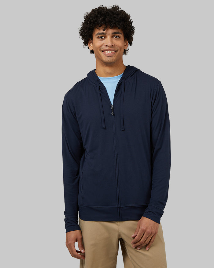 32 Degrees Navy _ Men's Cool Full-Zip Hoodie {model: Isaiah is 6'1", wearing size M}{bottom}{right} {bottom}{right}