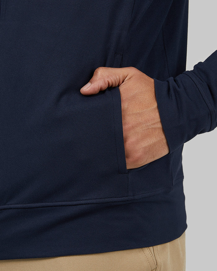 32 Degrees Navy _ Men's Cool Full-Zip Hoodie {model: Isaiah is 6'1", wearing size M}{bottom}{right} {bottom}{right}