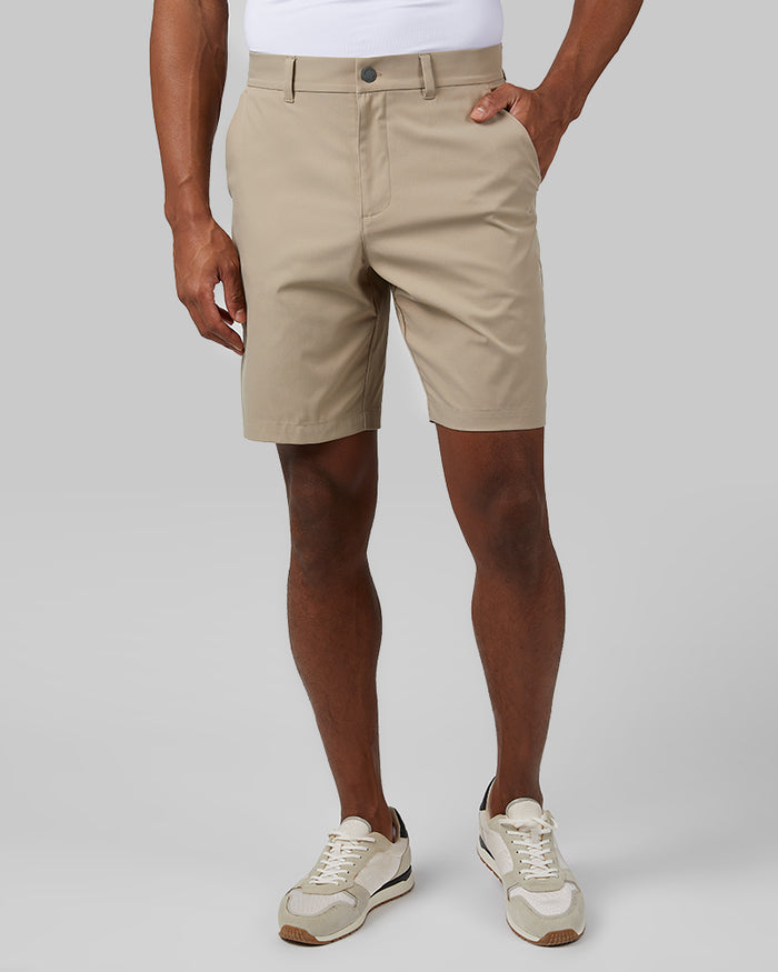 32 Degrees Dusty Khaki _ Men's Twill Tech 9-Inch short {model: Isaiah is 6'2", wearing size M}{bottom}{right} {bottom}{right}