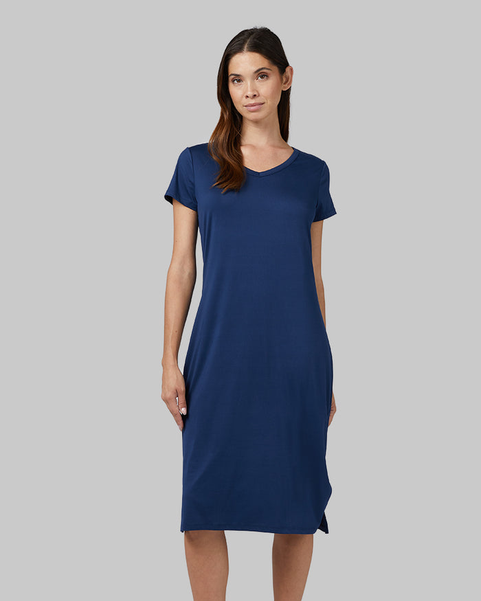 32 Degrees Inky Indigo _ Women's Cool T-Shirt Dress {model: Giza is 5'8" and size 4, wearing size S}{bottom}{right}{bottom}{right}