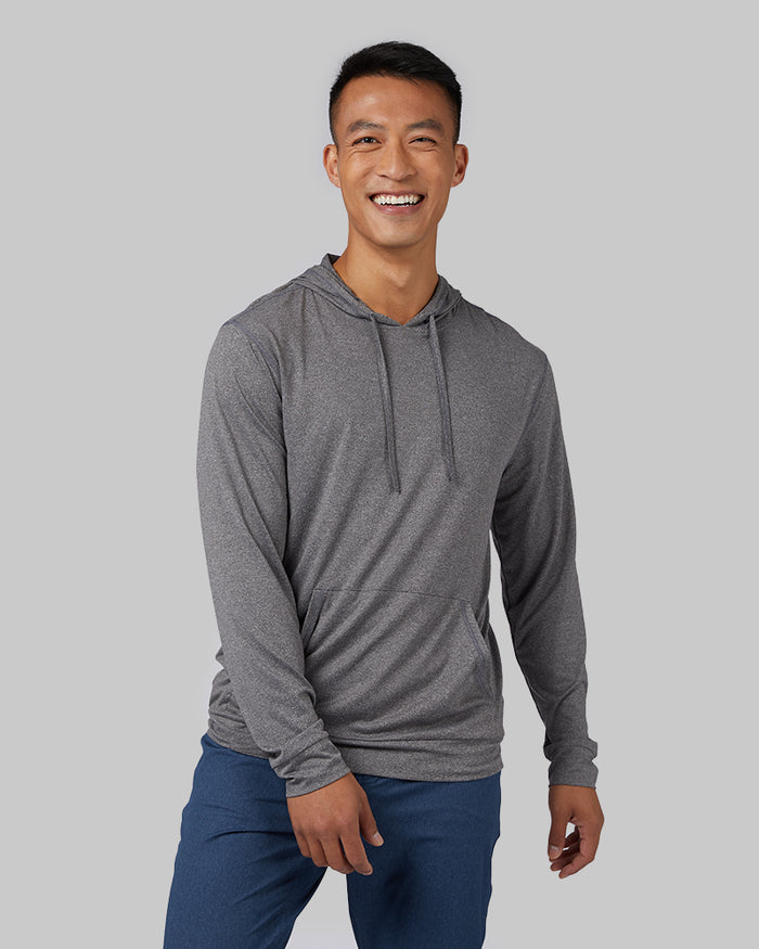 32 Degrees Grey Heather _ Men's Cool Long Sleeve Hooded T-Shirt {model: Shu is 6'1", wearing size M}{bottom}{right}{bottom}{right}