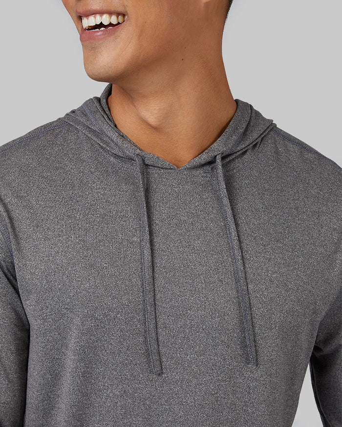 32 Degrees Grey Heather _ Men's Cool Long Sleeve Hooded T-Shirt {model: Shu is 6'1", wearing size M}{bottom}{right}{bottom}{right}