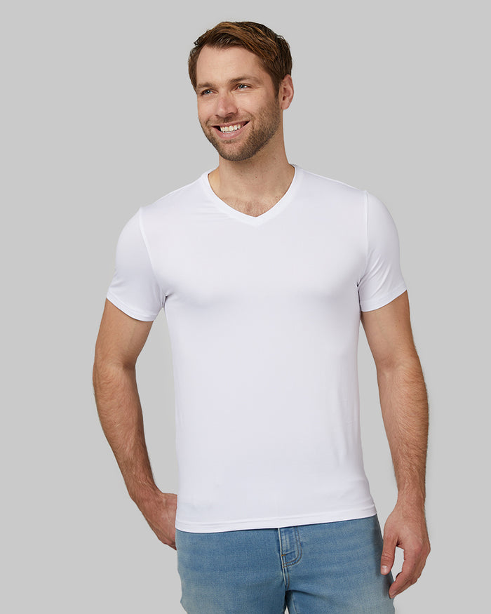 32 Degrees White _ Men's Cool Vneck T-Shirt {model:Kacey is 6'2", wearing size M}{bottom}{right}