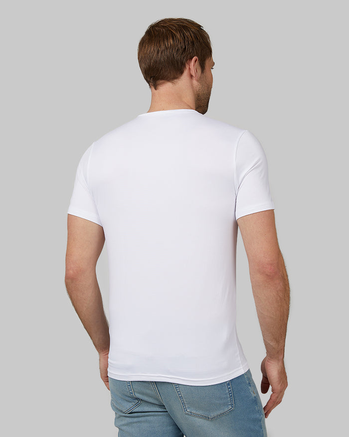 32 Degrees White _ Men's Cool Vneck T-Shirt {model:Kacey is 6'2", wearing size M}{bottom}{right}