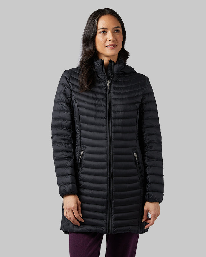 32 Degrees Black _ Women's Ultra-Light Down Packable 3/4 Jacket {model: Mariana is 5'8" and size 4, wearing size S}{bottom}{right}{bottom}{right}