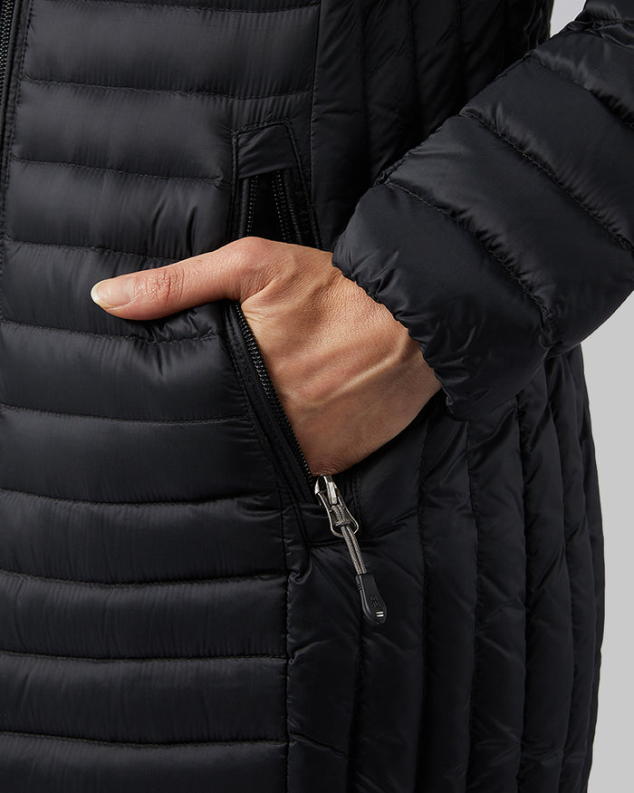 32 Degrees Black _ Women's Ultra-Light Down Packable 3/4 Jacket {model: Mariana is 5'8" and size 4, wearing size S}{bottom}{right}{bottom}{right}