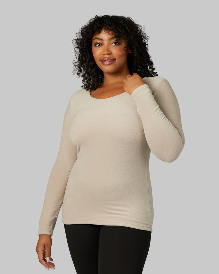 32 Degrees Cobblestone _ Women's Heavyweight Fleece Baselayer Scoop Top {model: Brianna is 5'10" and size 12, wearing size L}{bottom}{right}{bottom}{right}