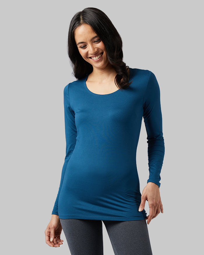32 Degrees Majolica Blue _ Women's Lightweight Baselayer Scoop Top {model: Mariana is 5'8" and size 4, wearing size S}{bottom}{right}{bottom}{right}