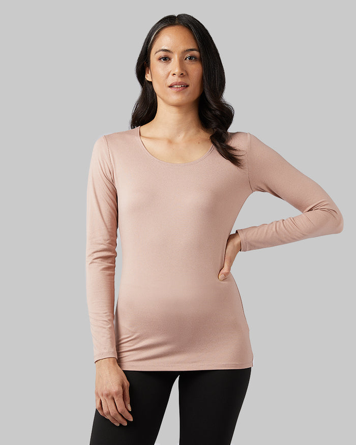 32 Degrees Powder Pink Heather _ Women's Lightweight Baselayer Scoop Top {model: Mariana is 5'8" and size 4, wearing size S}{bottom}{right}{bottom}{right}
