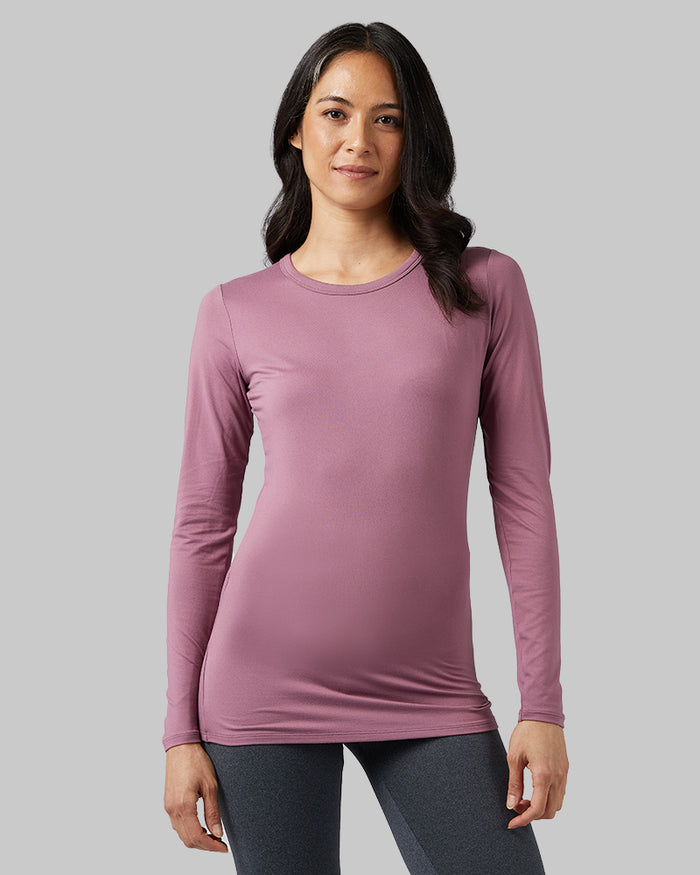 32 Degrees Fig Berry _ Women's Lightweight Baselayer Crew Top {model: Mariana is 5'8" and size 4, wearing size S}{bottom}{right}{bottom}{right}