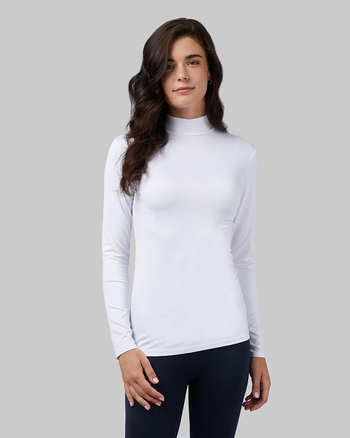 32 Degrees White _ Women's Lightweight Baselayer Mock Top {model: Katie is 5'10" and size 4, wearing size S}{bottom}{right}{bottom}{right}