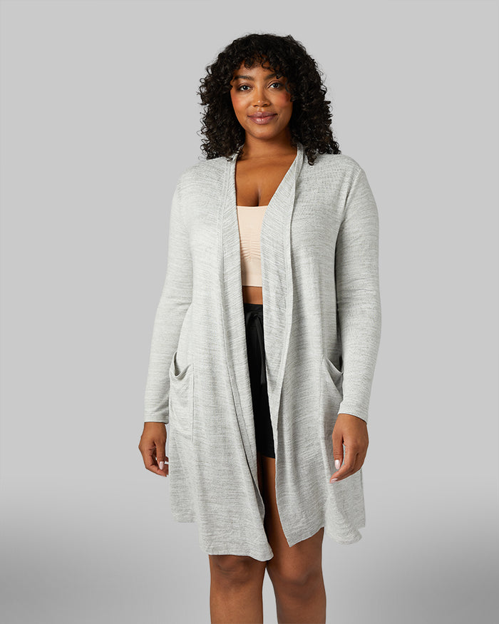 32 Degrees Ghost Grey Space Dye _ Women's Soft Comfy Wrap {model:Brianna is 5'10" and size 12, wearing size L}{bottom}{right}