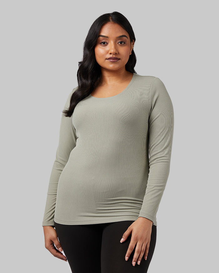 32 Degrees Shadow _ Women's Midweight Rib Baselayer Scoop Top {model: Nikita is 5'10" and size 12, wearing size L}{bottom}{right}{bottom}{right}