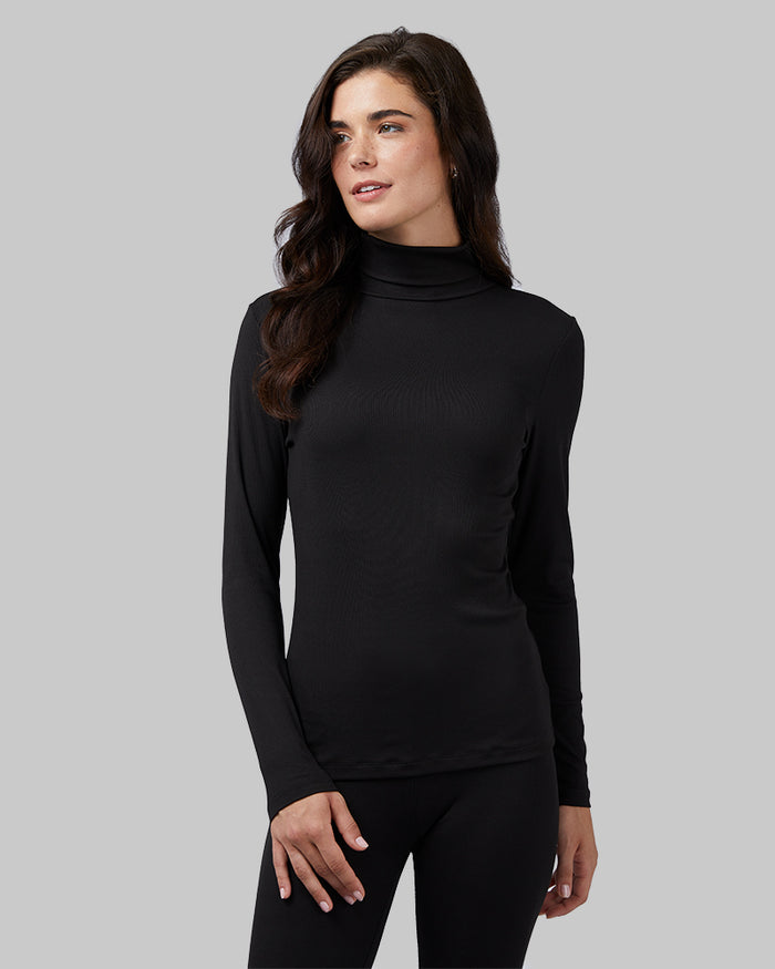32 Degrees Black _ Women's Midweight Rib Baselayer Turtleneck {model: Katie is 5'10" and size 4, wearing size S}{bottom}{right}{bottom}{right}