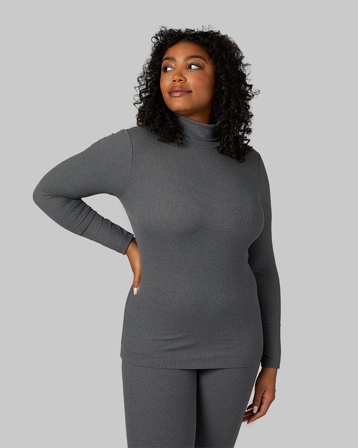 32 Degrees Charcoal Heather _ Women's Midweight Rib Baselayer Turtleneck {model: Brianna is 5'10" and size 12, wearing size L}{bottom}{right}{bottom}{right}