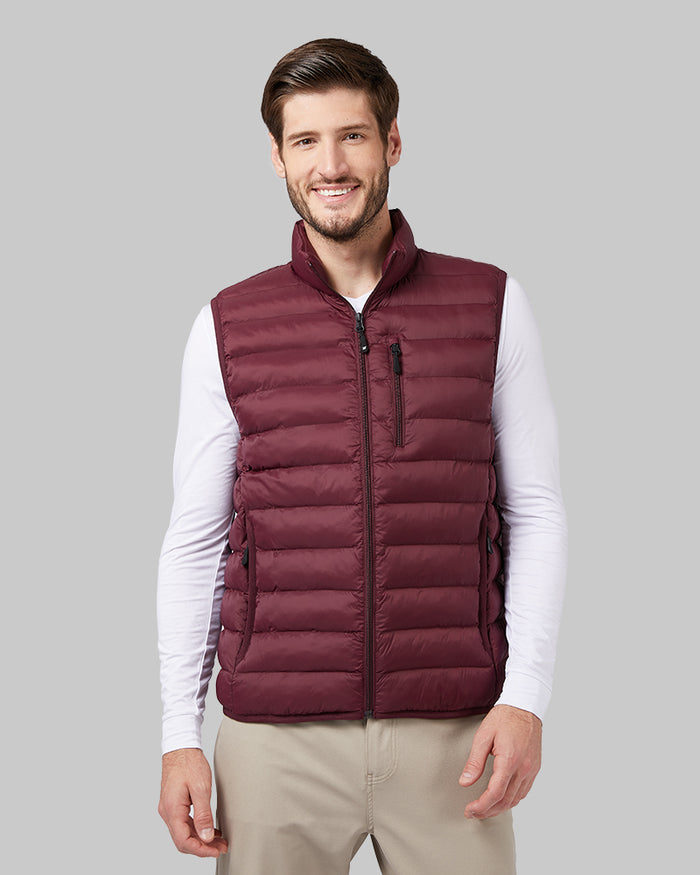 32 Degrees Shiraz _ Men's Lightweight Recycled Poly-Fill Packable Vest {model: Ryan is 6'1", wearing size M}{bottom}{right}{bottom}{right}