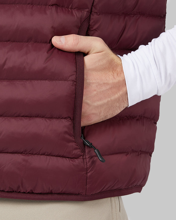 32 Degrees Shiraz _ Men's Lightweight Recycled Poly-Fill Packable Vest {model: Ryan is 6'1", wearing size M}{bottom}{right}{bottom}{right}