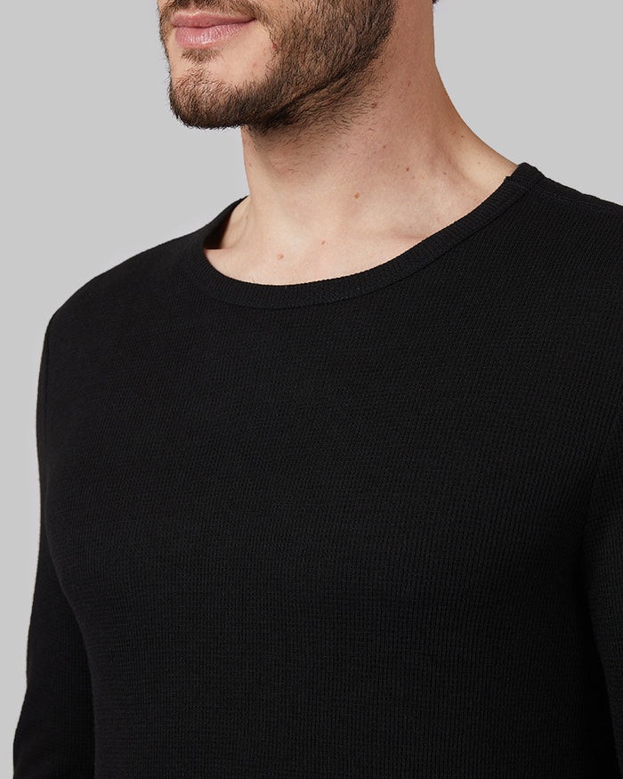 32 Degrees Black _ Men's Midweight Waffle Baselayer Crew Top {model: Ryan is 6'1", wearing size M}{bottom}{right}{bottom}{right}