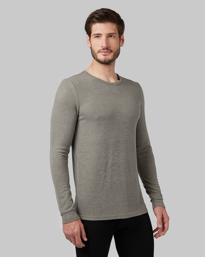 32 Degrees Forest Night Heather _ Men's Midweight Waffle Baselayer Crew Top {model: Ryan is 6'1", wearing size M}{bottom}{right}{bottom}{right}